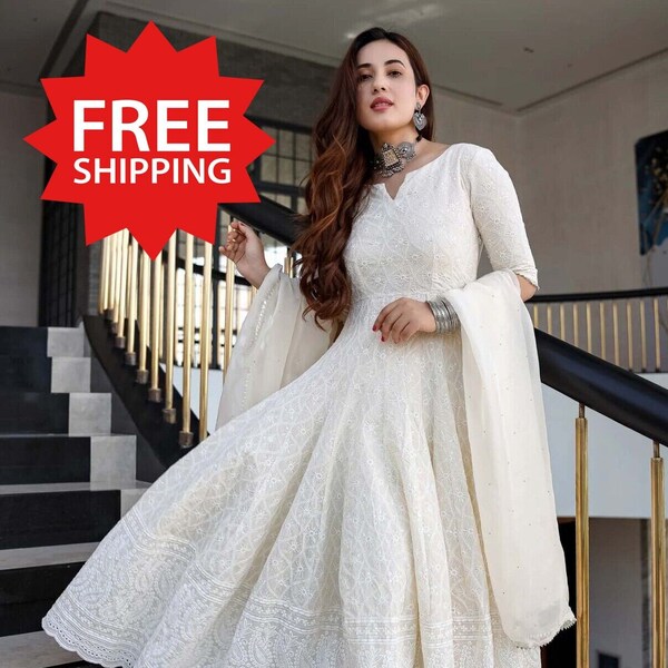 Readymade 2pc Partywear White Lucknowi Indian Dress Premium Pakistani White Fully Embroidered Full Flared Long Anarkali Kurta with Dupatta