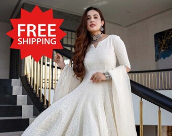 Indian Festive Women Chikan Embroidery Cotton Blend Anarkali Kurta With Attached Dupatta (offWhite) Indian Designer , Readymade Party/Ethnic