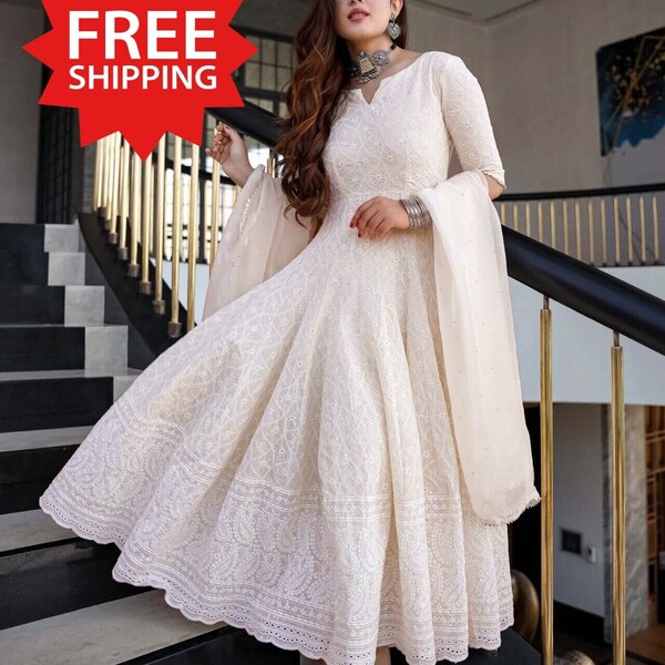 Indian Festive Women Chikan Embroidery Cotton Blend Anarkali Kurta With Attached Dupatta (Light Cream Color)  Readymade Party/Ethnic