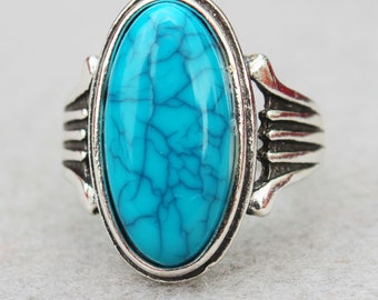 Sleeping Beauty Turquoise Solitaire Mens Ring in Stainless Steel with Platinum Plating