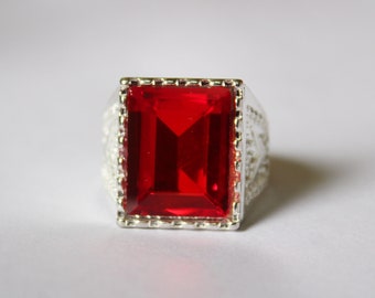 Ruby Square Classic Solitaire Supreme Finish Ring in Platinum Tone