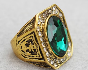 Emerald Crystal Halo Anchor Design Ring in Stainless Steel with Gold Plating