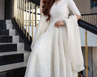 Indian Festive Women Chikan Embroidery Cotton Blend Anarkali Kurta With Attached Dupatta (White) Indian Designer , Readymade Party/Ethnic