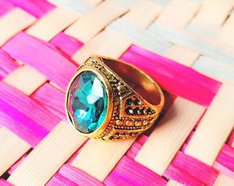 Sky Blue Topaz Designer Filigree Work Solitaire Ring in Brass with Gold Plating