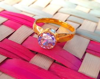 Pink Diamond Solitaire Ring in Brass with Gold Plating
