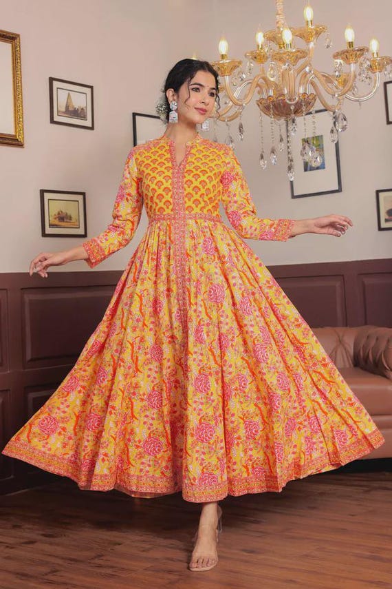 Anarkali 100% Cotton Hand Block Printed Ethnic Indian Maxi Dress