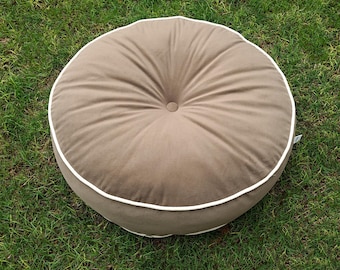 Custom Velvet Round Floor Cushion: Buttoned Pouf Pillow with Piping