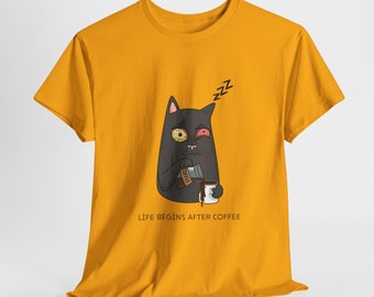 Tired Coffee-Sipping Cat T-shirts - Where Style Meets Humor! Cats and Coffe