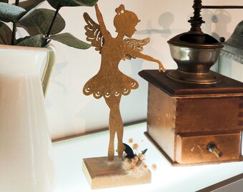 Fairy decorative figure for standing up golden metal object ballerina elf stand