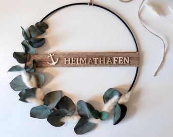 Modern dried flower wreath HEIMATHAFEN with anchor and eucalyptus, flower hoop loop, metal ring customizable, home accessory for the home