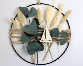 Wall decoration with sailboat, eucalyptus and dried grasses, flower hoop loop, metal ring, home accessory