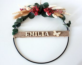 Personalized door wreath with dried flowers, name tag for children's room, flower hoop loop, home accessory with hanger