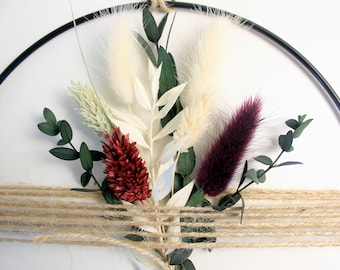 Wall wreath with dried flower bouquet, flower hoop loop, metal ring, home accessory with hanger