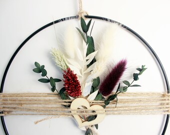 Wall wreath with dried flower bouquet and wooden heart, flower hoop loop, metal ring, home accessory with hanger