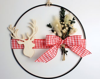 Wall wreath with deer and red and white checked bow, flower hoop loop, metal ring with dried flowers, home accessory for the home