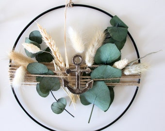 Modern dried flower wreath with anchor and eucalyptus, flower hoop loop, metal ring, home accessory