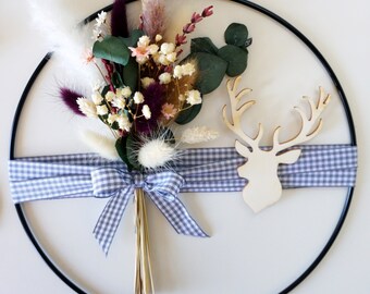 Dried flower wreath with deer and bow, flower hoop loop, metal ring, home accessory for the home