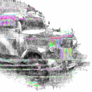 May include: A black and white pencil sketch of a vintage truck with a flatbed. The truck has a large, rectangular cab and a long, flatbed. The truck is covered in a layer of digital noise, giving it a glitchy, distorted appearance.