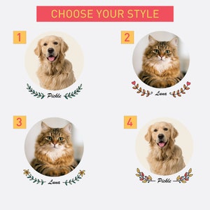 May include: Four images showing different styles of pet portraits. The first image shows a golden retriever named Pickle with a green leafy wreath around the image. The second image shows a cat named Luna with a red heart and green leafy wreath around the image. The third image shows a cat named Luna with a yellow flower and green leafy wreath around the image. The fourth image shows a golden retriever named Pickle with a yellow flower and green leafy wreath around the image.