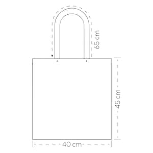 May include: Line drawing of a tote bag with two handles. The bag is 40 cm wide, 45 cm tall, and the handles are 65 cm long.