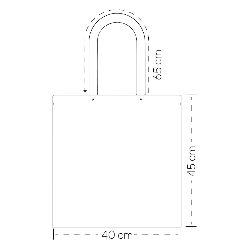 May include: Line drawing of a tote bag with two handles. The bag is 40 cm wide, 45 cm tall, and the handles are 65 cm long.