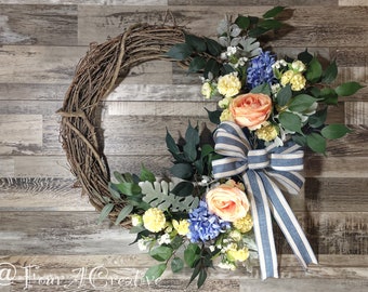 Summer Yellow Wreath for Front Door, Yellow and Blue Flowers, Peach Roses, Olive leaves, Eucalyptus, Blue Hydrangeas, Grapevine Wreath,