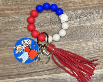 Silicone Bead Wristlet with School-Themed MDF Disk, Keychain & Lobster Clasp