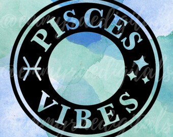 Puede incluir: Círculo blanco y negro con el texto "Pisces Vibes" en blanco. El círculo tiene un fondo de acuarela azul y verde.