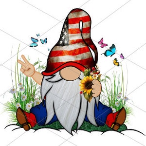 May include: A patriotic gnome with a red, white, and blue hat, holding a sunflower and giving a peace sign. The gnome is sitting on a green patch of grass with white daisies and butterflies.