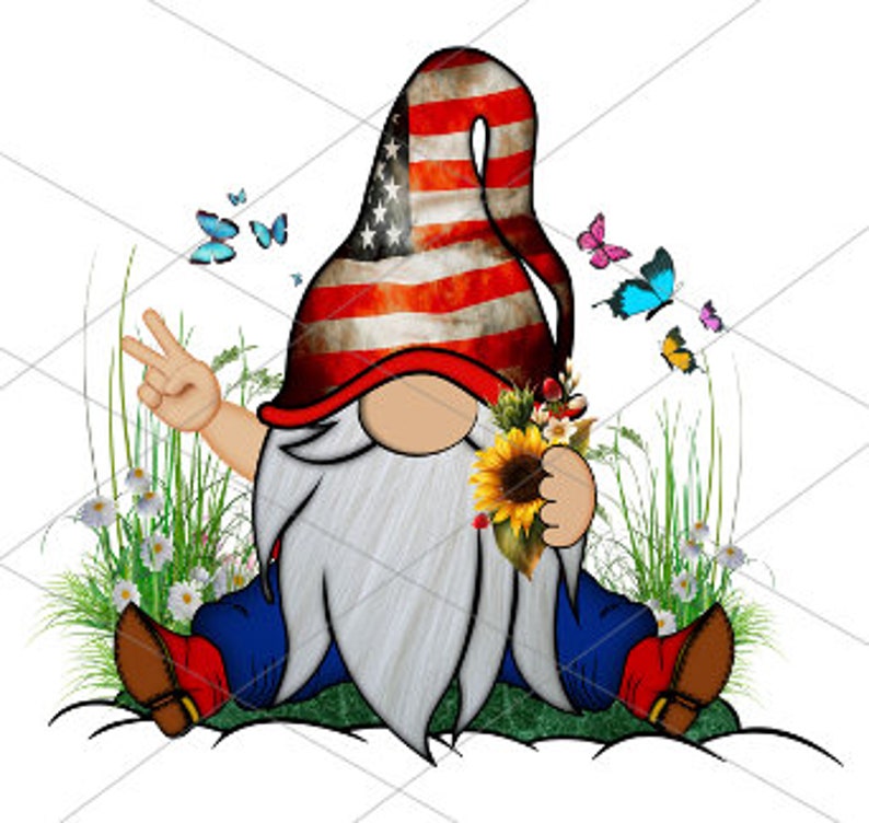 May include: A patriotic gnome with a red, white, and blue hat, holding a sunflower and giving a peace sign. The gnome is sitting on a green patch of grass with white daisies and butterflies.