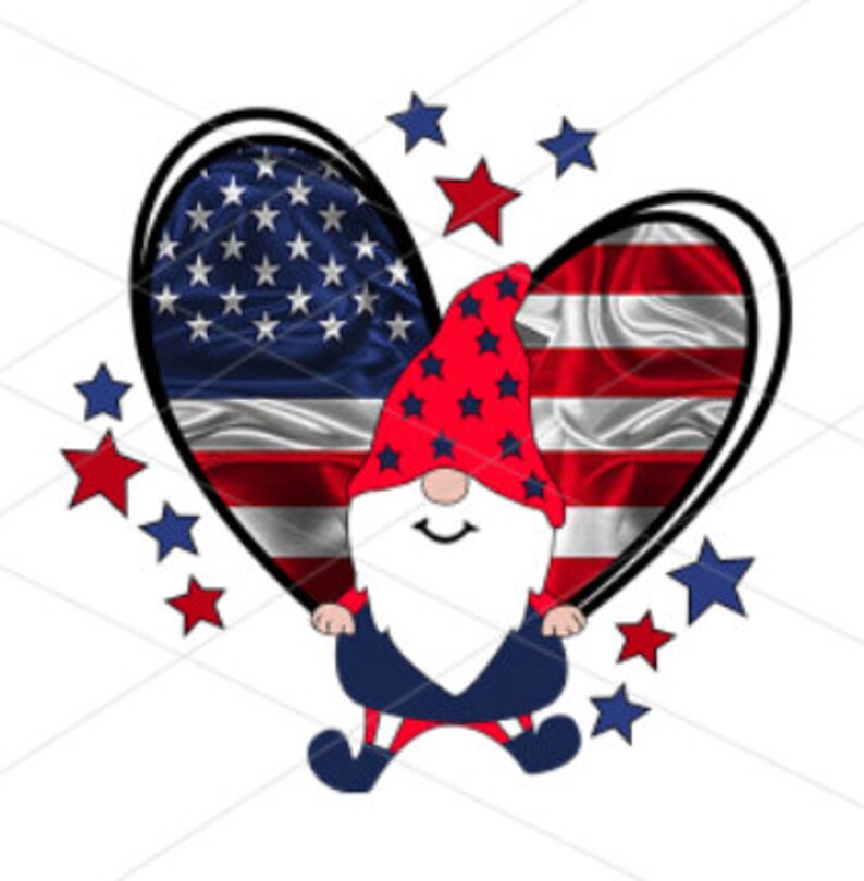 May include: A red, white, and blue gnome with a red hat and white beard stands in front of a heart-shaped American flag. The heart is outlined in black and has a red, white, and blue striped pattern. There are red and blue stars scattered around the gnome and heart.