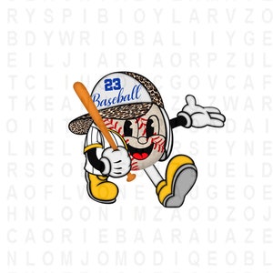 Peut inclure: Un personnage de dessin anim&eacute; de baseball portant une casquette de baseball &agrave; imprim&eacute; l&eacute;opard avec le num&eacute;ro 23 et le mot "Baseball" dessus. Le personnage tient une batte de baseball en bois et court avec un grand sourire.