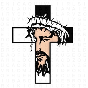 Puede incluir: Una ilustración en blanco y negro de Jesucristo en una cruz. Lleva una corona de espinas y tiene barba. El fondo es una cuadrícula blanca con letras.