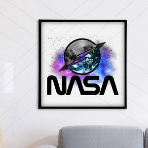 May include: A framed print with a stylised NASA logo featuring a blue and green Earth with a lightning bolt and a moon in a galaxy background.