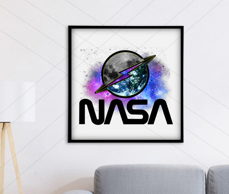 May include: A framed print with a stylised NASA logo featuring a blue and green Earth with a lightning bolt and a moon in a galaxy background.