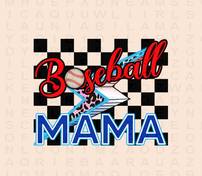 Peut inclure: Un fond &agrave; carreaux noirs et blancs avec un graphique de foudre rouge, rose et bleu. Les mots "Baseball Mama" sont &eacute;crits dans une police r&eacute;tro avec un graphique de baseball.