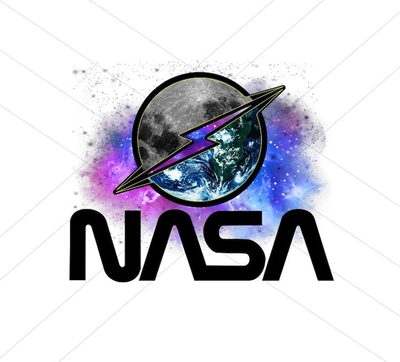 May include: A stylised NASA logo featuring a blue and green Earth and a crescent moon, surrounded by a purple and blue galaxy with a lightning bolt. The text "NASA" is in black below the logo.