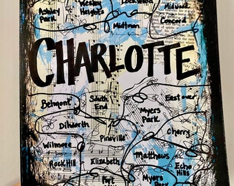 Charlotte North Carolina art map painting present artwork sign travel bedroom wall art home decor neighborhood housewarming realtor gift