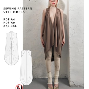 Może przedstawiać: Brązowa sukienka bez rękawów z głębokim dekoltem w serek i asymetrycznym dołem. Obraz zawiera tekst: NOIZ:27, digital download, Made in Italy, SEWING PATTERN VEIL DRESS, PDF A4, PDF A0, XXS-3XL oraz for designers & advanced hobby sewists.
