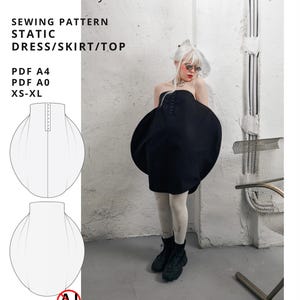 May include: A digital sewing pattern for a static dress, skirt, or top labeled NOIZ:27. The document includes PDF A4 and A0 formats for sizes XS-XL. It features a black strapless garment with a rounded silhouette and a front button placket.