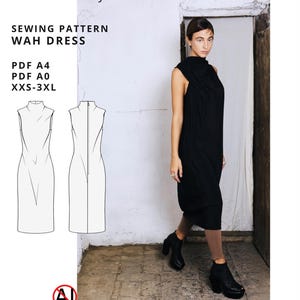 Puede incluir: Un patrón de costura digital para el vestido WAH, etiquetado como NOIZ:27, disponible en formatos PDF A4 y A0 para tallas XXS-3XL. La imagen muestra un vestido negro sin mangas con cuello alto y un dibujo técnico de la parte frontal y trasera.