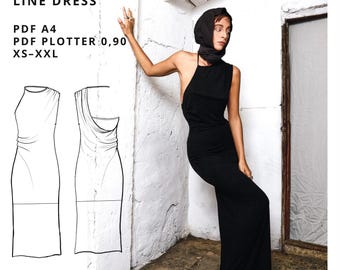 Line dress sewing pattern PDF, draped back dress, jersey maxi dress pattern, asymmetric elegant dress xs-xxl