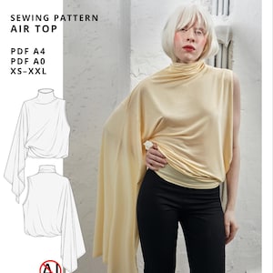 May include: A pale yellow sleeveless top with a high neck and a long, draped side panel. The image includes text: NOIZ:27 digital download Made in Italy SEWING PATTERN AIR TOP PDF A4 PDF A0 XS-XXL for designers & advanced sewists, and a line drawing.