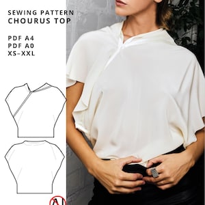 Chourus top sewing pattern PDF, avant-garde asymmetric top, fluid draped blouse, minimalist pattern xs-xxl