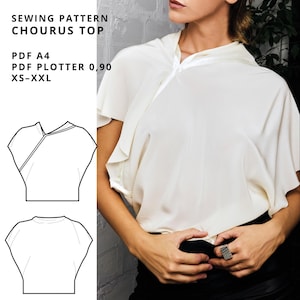 Può includere: Modello di cucito digitale per un top Chourus, disponibile come download PDF. Il modello include le taglie XS-XXL ed è progettato per sarte esperte. L'immagine mostra una donna che indossa il top, insieme a disegni tecnici.