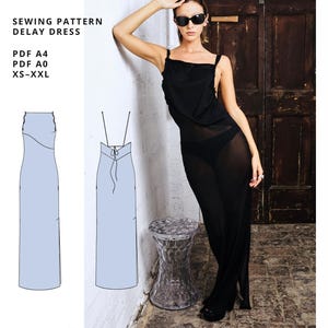 Puede incluir: Un vestido negro largo hasta el suelo con tirantes finos y falda transparente, acompañado de una ilustración de patrón de costura. El texto incluye NOIZ:27, digital download, Made in Italy, SEWING PATTERN DELAY DRESS, PDF A4, PDF A0, XS-XXL y for designers & advanced sewists.