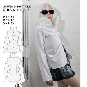 Peut inclure: Un patron de couture numérique pour la chemise Eira, étiqueté NOIZ:27, disponible en formats PDF A4 et A0 pour les tailles XXS-3XL. L'image présente des dessins techniques de face et de dos de la chemise à côté d'une photo du vêtement fini.