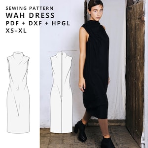 Può includere: Modello di cucito per abito WAH nero, download digitale, taglie XS-XL. L'immagine include una donna che indossa l'abito, un disegno a tratto dell'abito e il testo "NOIZ:27 digital download made in italy". Il modello è disponibile in PDF, DXF e HPGL.