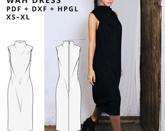 Wah dress sewing pattern PDF, avant-garde draped dress, minimalist designer pattern XS-XL