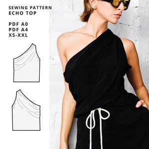 Op de afbeelding: Een naaipatroon voor een one-shoulder top genaamd NOIZ:27 Echo Top. De digitale download bevat PDF-formaten A0 en A4 in de maten XS-XXL. De afbeelding toont een zwarte one-shoulder top met gedrapeerde stof en een technische lijntekening.
